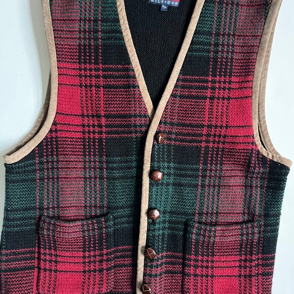 Men's Vintage 90s Tommy Hilfiger Holiday Plaid Sweater Vest Sz S/P Hong Kong - Picture 3 of 5